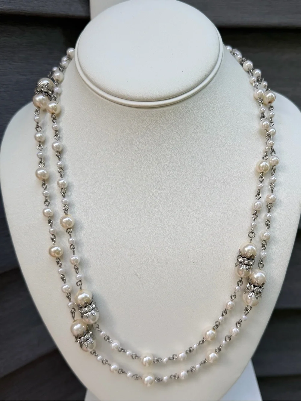 Vintage 48” Faux Pearl Station Necklace Silver Tone Rhinestone long